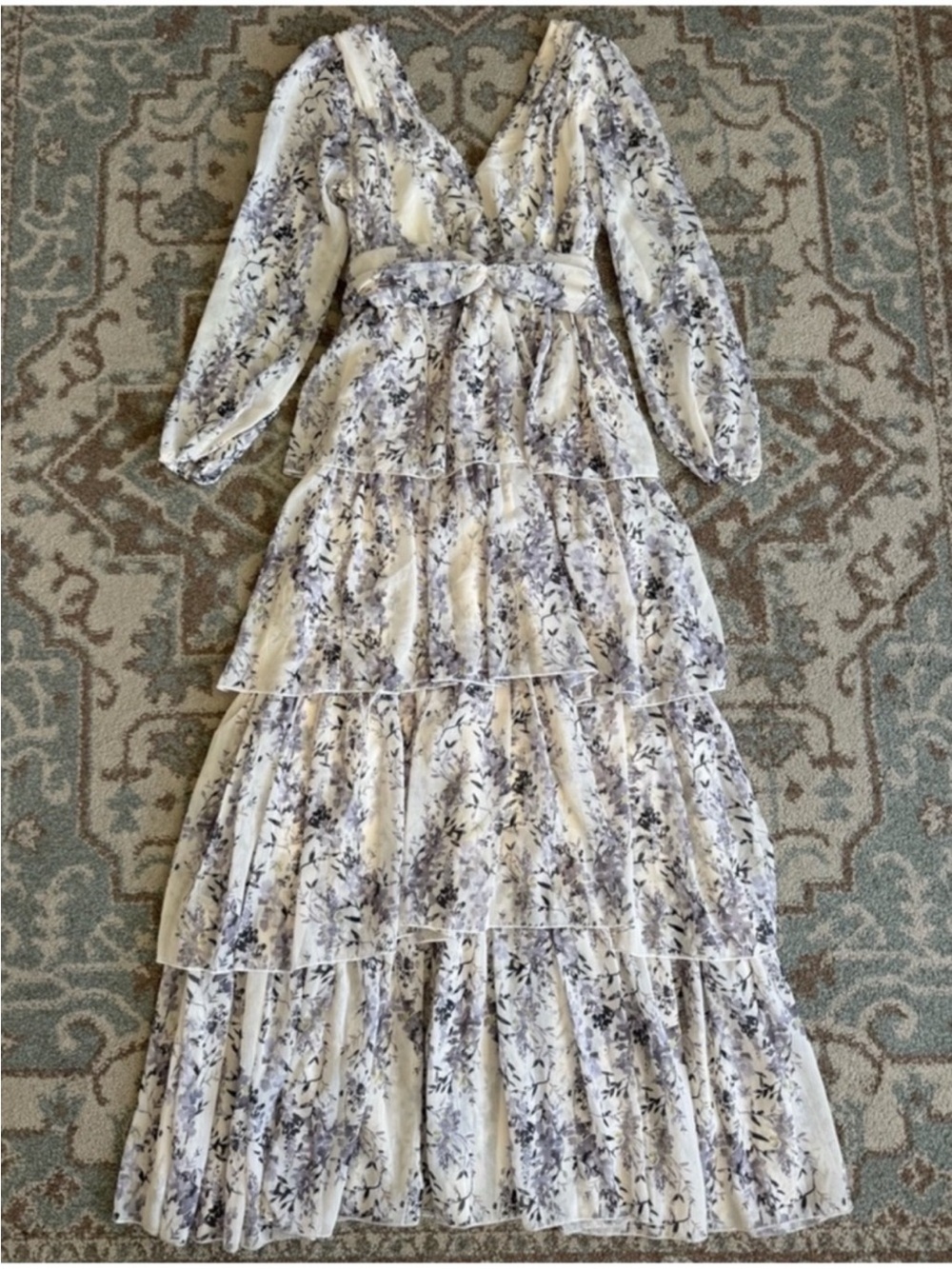 Anne Louise Boutique Layered Maxi Dress Floral on Cream White Ruched Waist 8 - Picture 3 of 10